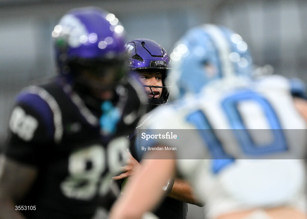 29 August 2026; TCU quarterback Jaden Craig #1 looks on during the 2026 Aer Lingus College Football Classic match between TCU and North Carolina at the Aviva Stadium in Dublin. Photo by Brendan Moran/Sportsfile