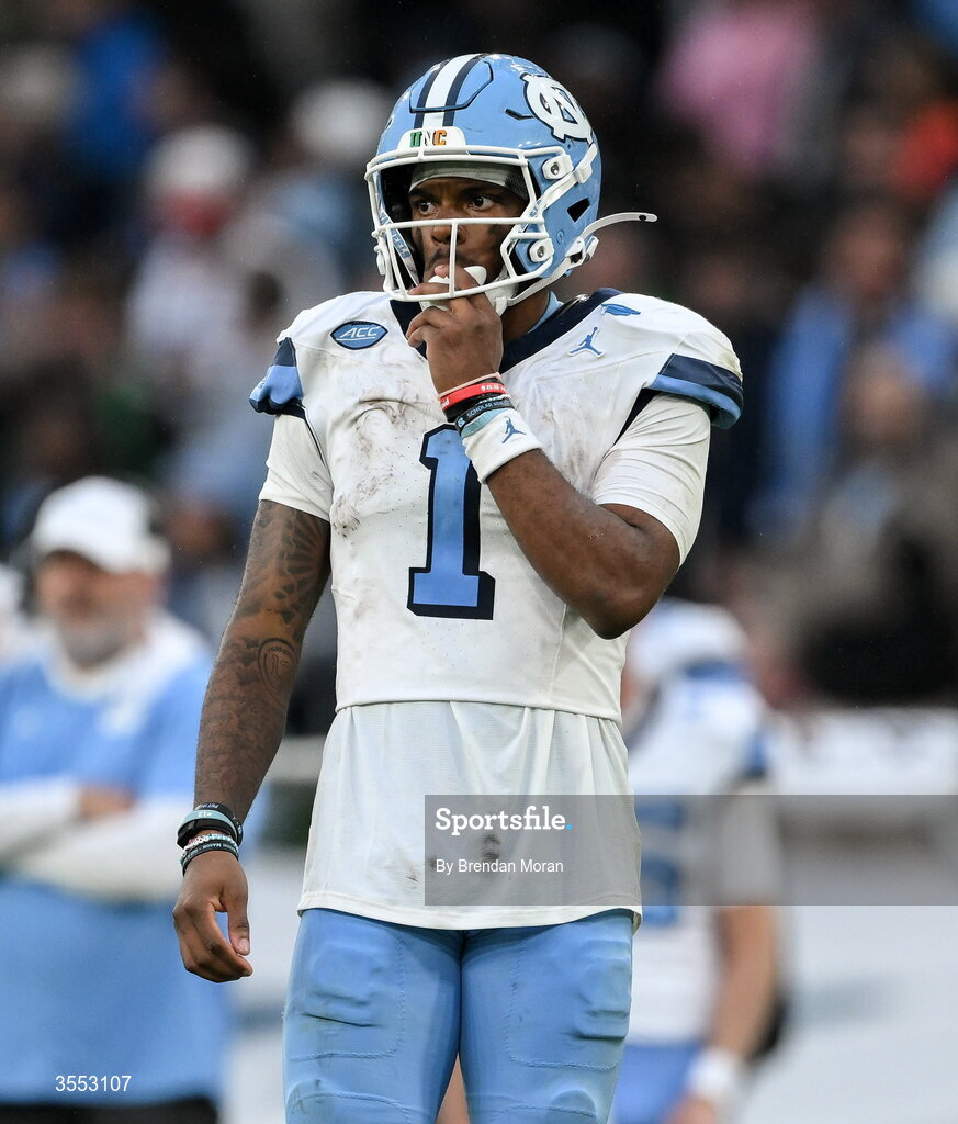 29 August 2026; North Carolina wide receiver Jordan Shipp #1 reacts during the 2026 Aer Lingus College Football Classic match between TCU and North Carolina at the Aviva Stadium in Dublin. Photo by Brendan Moran/Sportsfile
