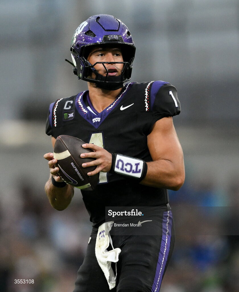29 August 2026; TCU quarterback Jaden Craig #1 looks on during the 2026 Aer Lingus College Football Classic match between TCU and North Carolina at the Aviva Stadium in Dublin. Photo by Brendan Moran/Sportsfile