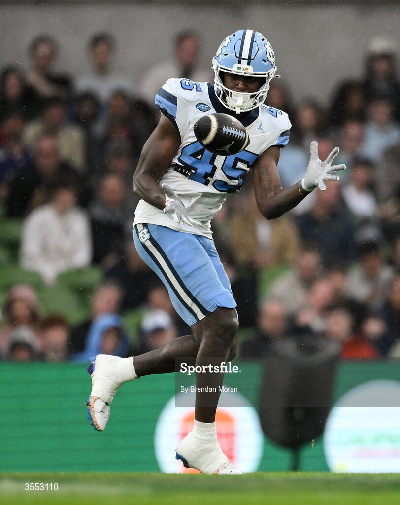 29 August 2026; North Carolina tight end Jelani Thurman #45 catches a pass during the 2026 Aer Lingus College Football Classic match between TCU and North Carolina at the Aviva Stadium in Dublin. Photo by Brendan Moran/Sportsfile