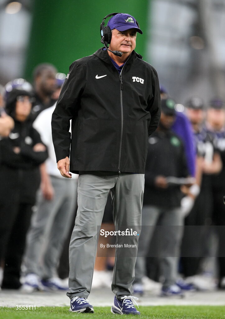 29 August 2026; TCU head coach Sonny Dykes during the 2026 Aer Lingus College Football Classic match between TCU and North Carolina at the Aviva Stadium in Dublin. Photo by Brendan Moran/Sportsfile