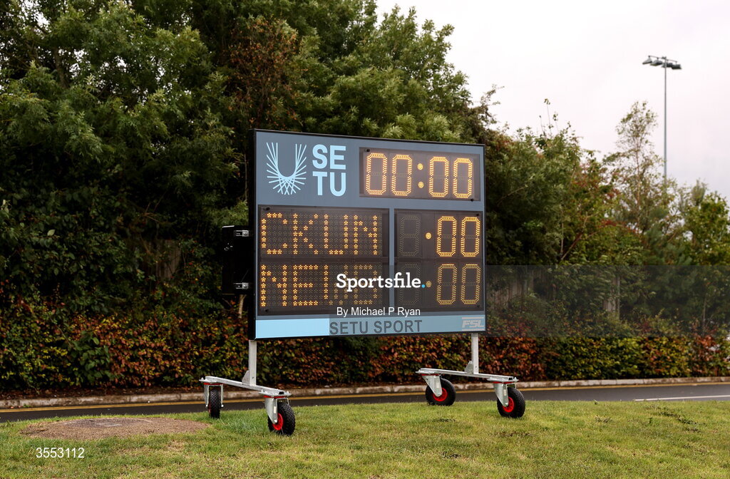 29 August 2026; A general view of the scoreboard before the FAI National League Group 3 match between CK United and Newbridge Town at SETU Sports Complex in Carlow. Photo by Michael P Ryan/Sportsfile