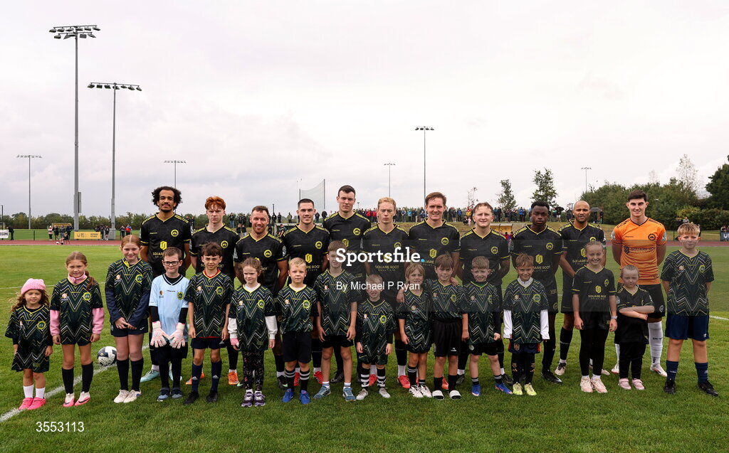 29 August 2026; The CK United team with the mascots before the FAI National League Group 3 match between CK United and Newbridge Town at SETU Sports Complex in Carlow. Photo by Michael P Ryan/Sportsfile