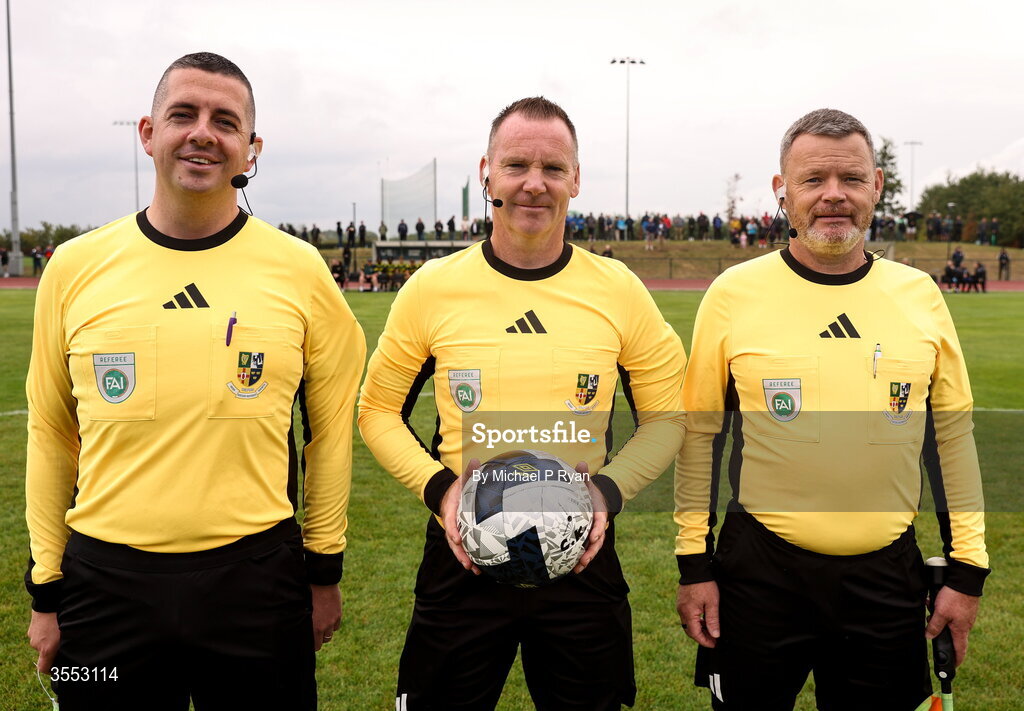 29 August 2026; Referee Patrick Sinnott with his assistants Darren Keating, left, and Phil McGrath before the FAI National League Group 3 match between CK United and Newbridge Town at SETU Sports Complex in Carlow. Photo by Michael P Ryan/Sportsfile