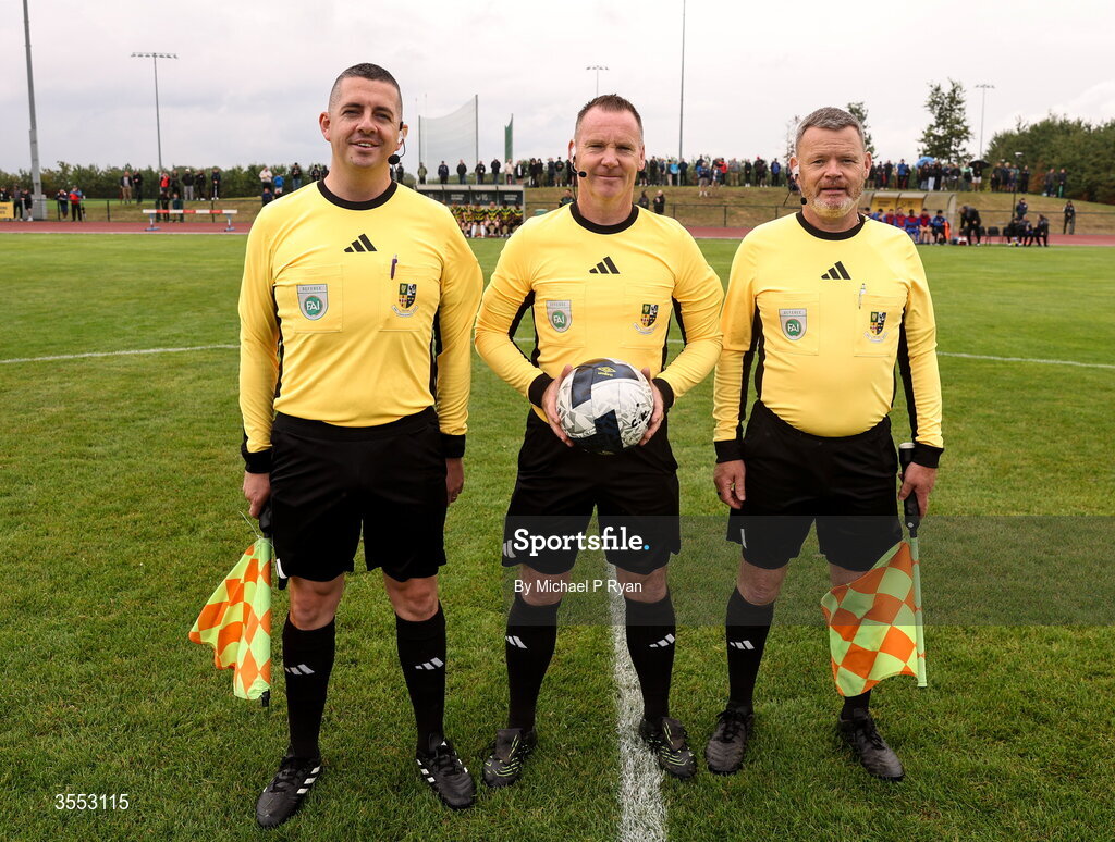 29 August 2026; Referee Patrick Sinnott with his assistants Darren Keating, left, and Phil McGrath before the FAI National League Group 3 match between CK United and Newbridge Town at SETU Sports Complex in Carlow. Photo by Michael P Ryan/Sportsfile