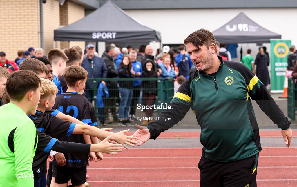29 August 2026; CK United manager Tom O'Connor greets the children from st Joseph's before the FAI National League Group 3 match between CK United and Newbridge Town at SETU Sports Complex in Carlow. Photo by Michael P Ryan/Sportsfile