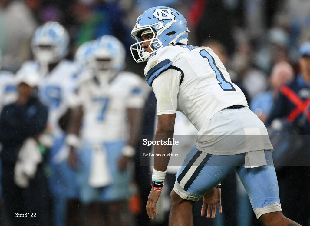 29 August 2026; North Carolina wide receiver Jordan Shipp #1 during the 2026 Aer Lingus College Football Classic match between TCU and North Carolina at the Aviva Stadium in Dublin. Photo by Brendan Moran/Sportsfile