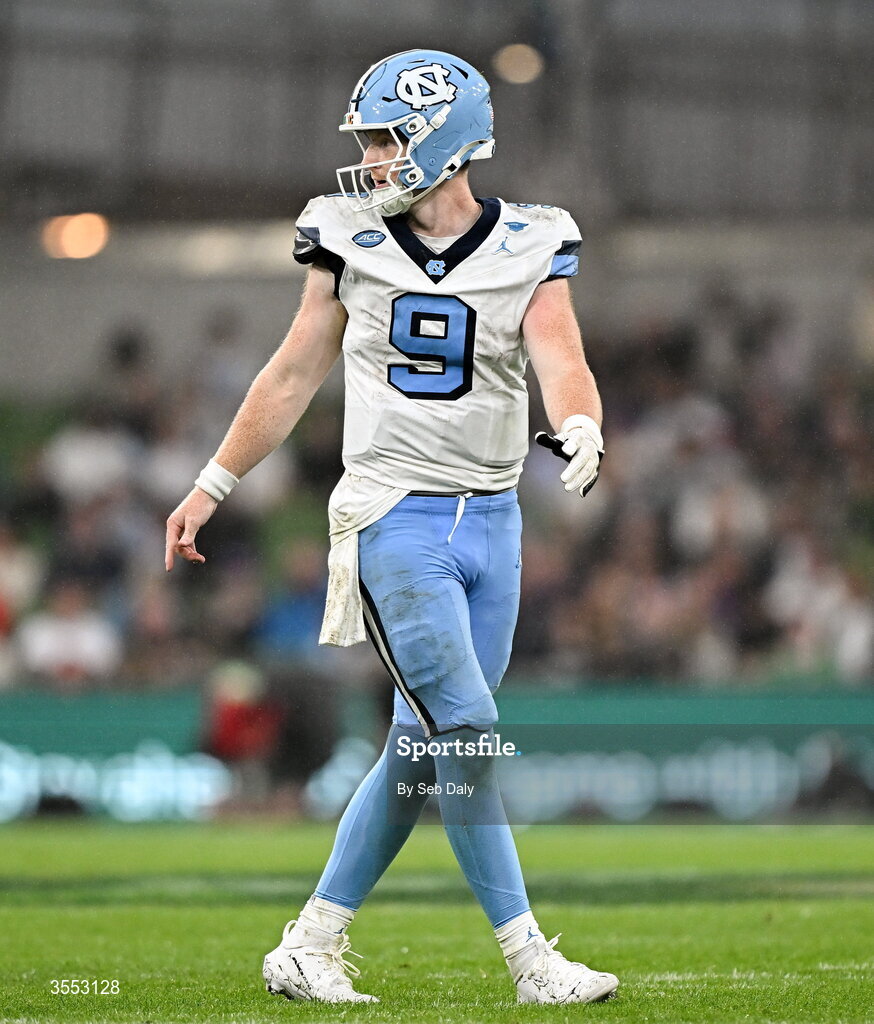 29 August 2026; North Carolina quarterback Billy Edwards Jr #9 during the 2026 Aer Lingus College Football Classic match between TCU and North Carolina at the Aviva Stadium in Dublin. Photo by Seb Daly/Sportsfile