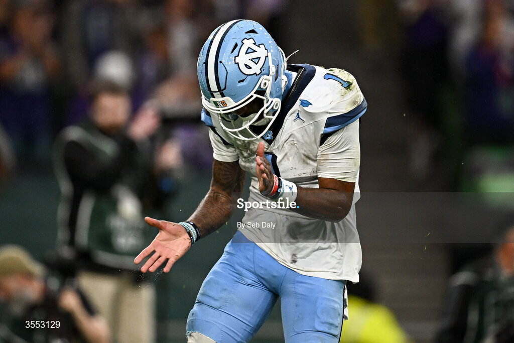 29 August 2026; North Carolina wide receiver Jordan Shipp #1 reacts during the 2026 Aer Lingus College Football Classic match between TCU and North Carolina at the Aviva Stadium in Dublin. Photo by Seb Daly/Sportsfile