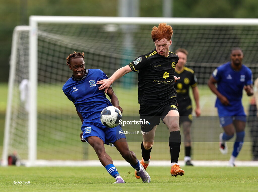 29 August 2026; Isaiah Phillips of Newbridge Town in action against Daniel McGrath of CK United during the FAI National League Group 3 match between CK United and Newbridge Town at SETU Sports Complex in Carlow. Photo by Michael P Ryan/Sportsfile