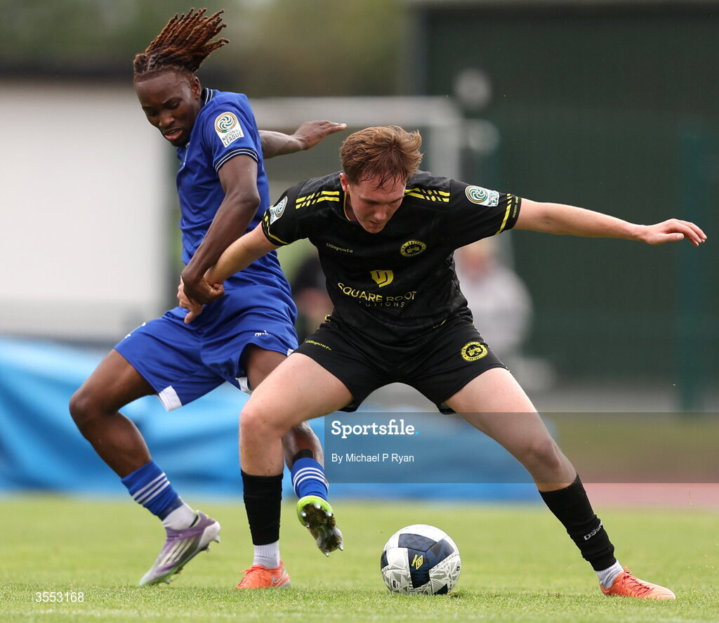 29 August 2026; Cian Carmody of CK United in action against Isaiah Phillips of Newbridge Town during the FAI National League Group 3 match between CK United and Newbridge Town at SETU Sports Complex in Carlow. Photo by Michael P Ryan/Sportsfile