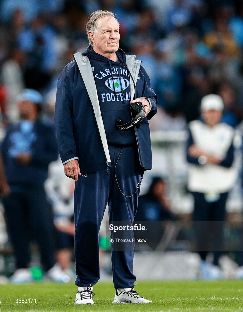 29 August 2026; North Carolina Head Coach Bill Belichick during the 2026 Aer Lingus College Football Classic match between TCU and North Carolina at the Aviva Stadium in Dublin. Photo by Thomas Flinkow/Sportsfile