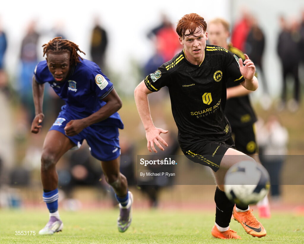 29 August 2026; Daniel McGrath of CK United in action against Isaiah Phillips of Newbridge Town during the FAI National League Group 3 match between CK United and Newbridge Town at SETU Sports Complex in Carlow. Photo by Michael P Ryan/Sportsfile