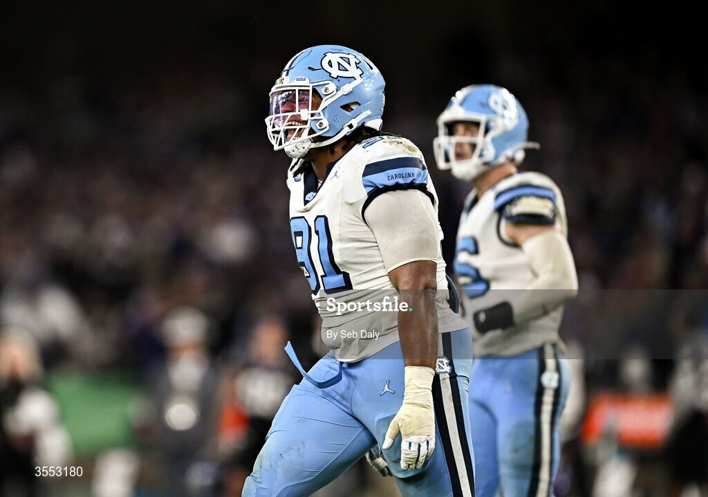 29 August 2026; North Carolina defensive lineman Leroy Jackson #91 reacts during the 2026 Aer Lingus College Football Classic match between TCU and North Carolina at the Aviva Stadium in Dublin. Photo by Seb Daly/Sportsfile