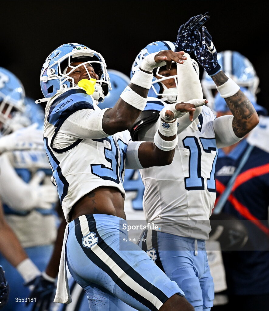 29 August 2026; North Carolina defensive back Jaziel Hart #30 reacts during the 2026 Aer Lingus College Football Classic match between TCU and North Carolina at the Aviva Stadium in Dublin. Photo by Seb Daly/Sportsfile