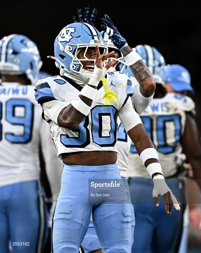 29 August 2026; North Carolina defensive back Jaziel Hart #30 reacts during the 2026 Aer Lingus College Football Classic match between TCU and North Carolina at the Aviva Stadium in Dublin. Photo by Seb Daly/Sportsfile