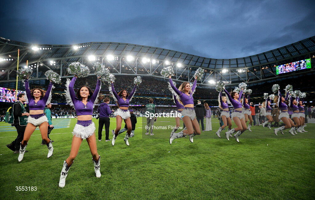 29 August 2026; Cheerleaders during the 2026 Aer Lingus College Football Classic match between TCU and North Carolina at the Aviva Stadium in Dublin. Photo by Thomas Flinkow/Sportsfile