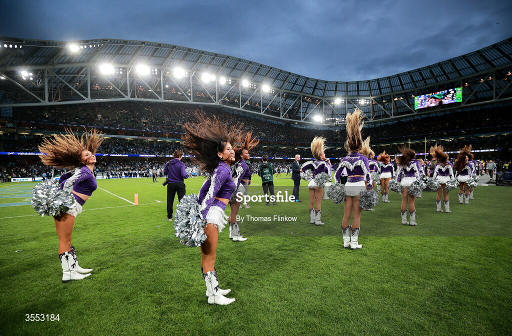 29 August 2026; Cheerleaders during the 2026 Aer Lingus College Football Classic match between TCU and North Carolina at the Aviva Stadium in Dublin. Photo by Thomas Flinkow/Sportsfile