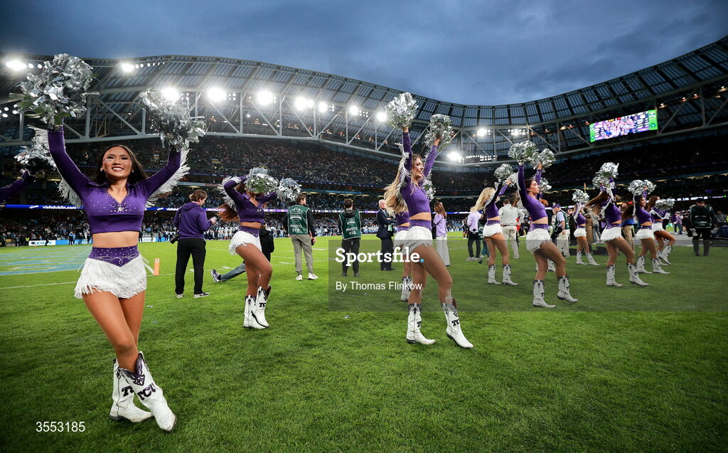 29 August 2026; Cheerleaders during the 2026 Aer Lingus College Football Classic match between TCU and North Carolina at the Aviva Stadium in Dublin. Photo by Thomas Flinkow/Sportsfile