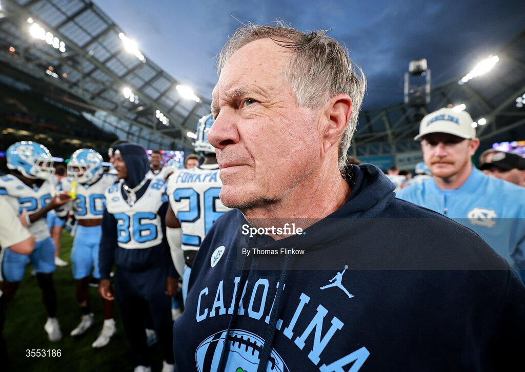 29 August 2026; North Carolina Head Coach Bill Belichick after his side's victory in the 2026 Aer Lingus College Football Classic match between TCU and North Carolina at the Aviva Stadium in Dublin. Photo by Thomas Flinkow/Sportsfile