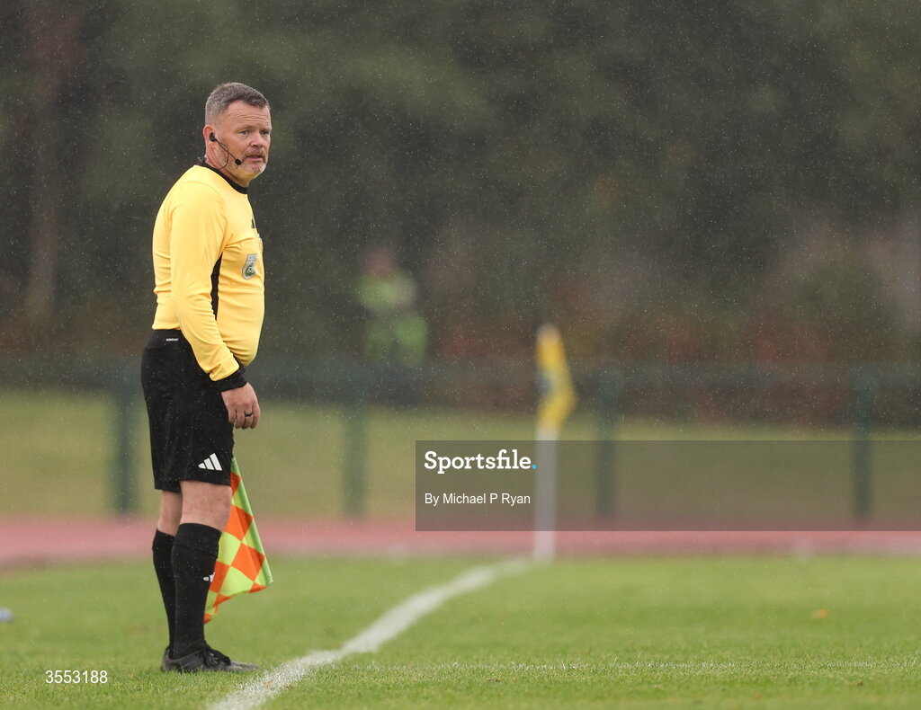 29 August 2026; Assistant referee Phil McGrath during the FAI National League Group 3 match between CK United and Newbridge Town at SETU Sports Complex in Carlow. Photo by Michael P Ryan/Sportsfile