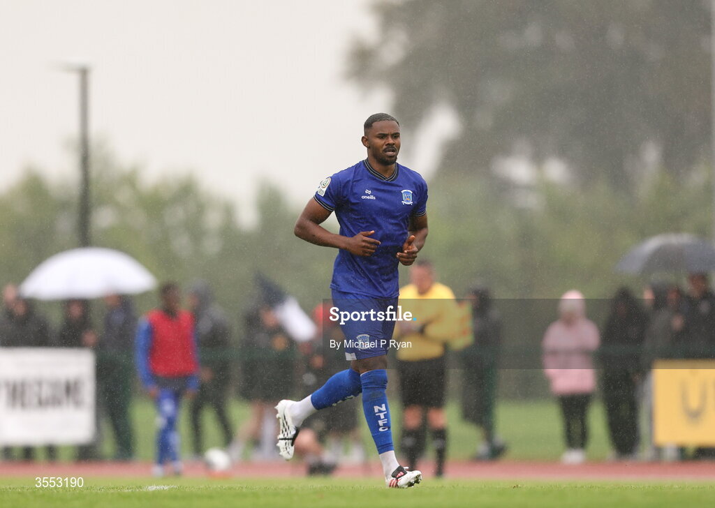 29 August 2026; Bhung Munongo of Newbridge Town after scoring his sides first goal during the FAI National League Group 3 match between CK United and Newbridge Town at SETU Sports Complex in Carlow. Photo by Michael P Ryan/Sportsfile