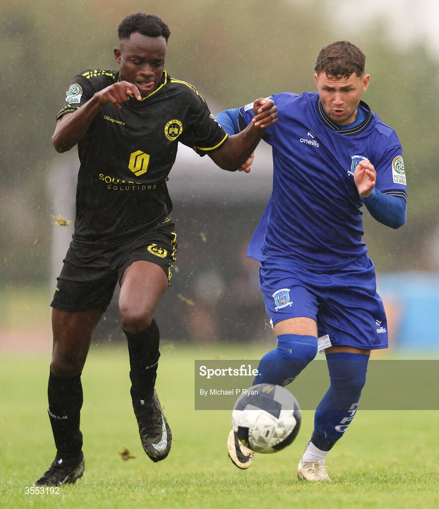 29 August 2026; Ethan Mills of Newbridge Town in action against Raveli Kilonda of CK United during the FAI National League Group 3 match between CK United and Newbridge Town at SETU Sports Complex in Carlow. Photo by Michael P Ryan/Sportsfile