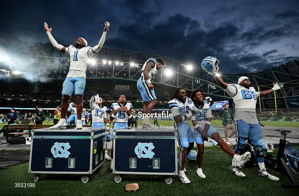 29 August 2026; North Carolina players celebrate after their side's victory in the 2026 Aer Lingus College Football Classic match between TCU and North Carolina at the Aviva Stadium in Dublin. Photo by Thomas Flinkow/Sportsfile