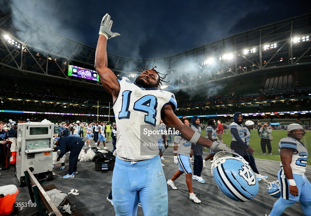 29 August 2026; North Carolina wide receiver CJ Sadler #14 after his side's victory in the 2026 Aer Lingus College Football Classic match between TCU and North Carolina at the Aviva Stadium in Dublin. Photo by Thomas Flinkow/Sportsfile