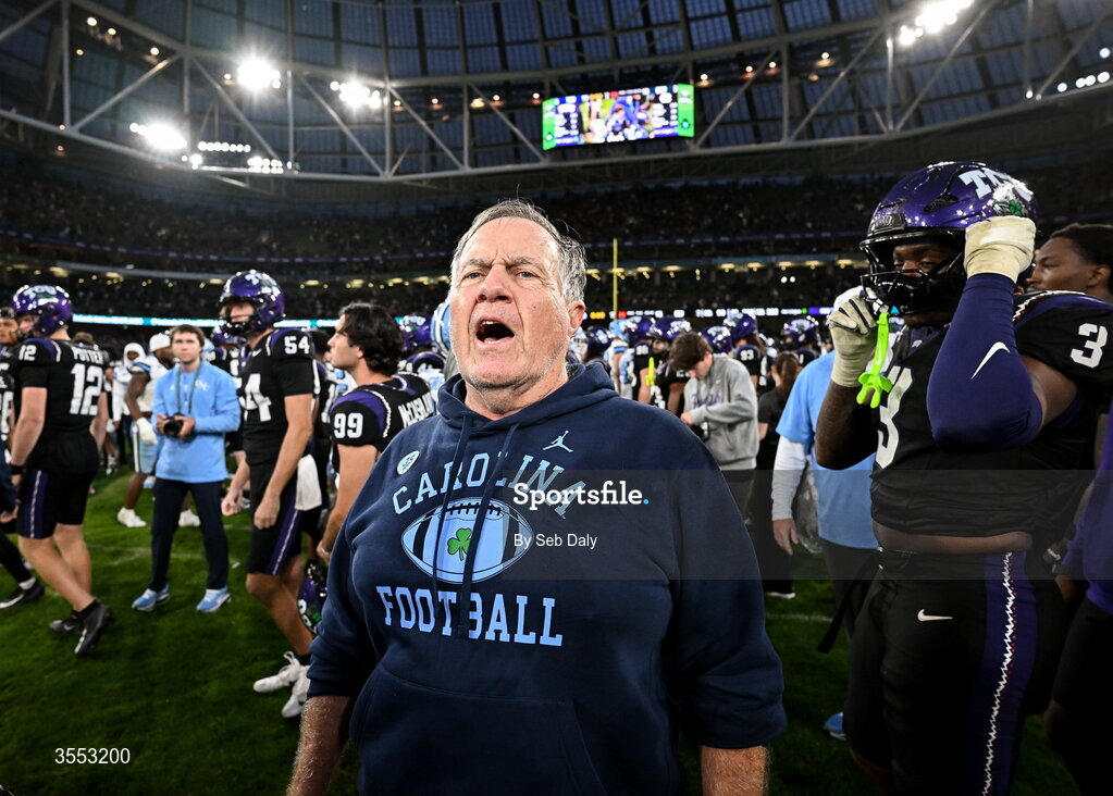 29 August 2026; North Carolina Head Coach Bill Belichick after his side's victory in the 2026 Aer Lingus College Football Classic match between TCU and North Carolina at the Aviva Stadium in Dublin. Photo by Seb Daly/Sportsfile