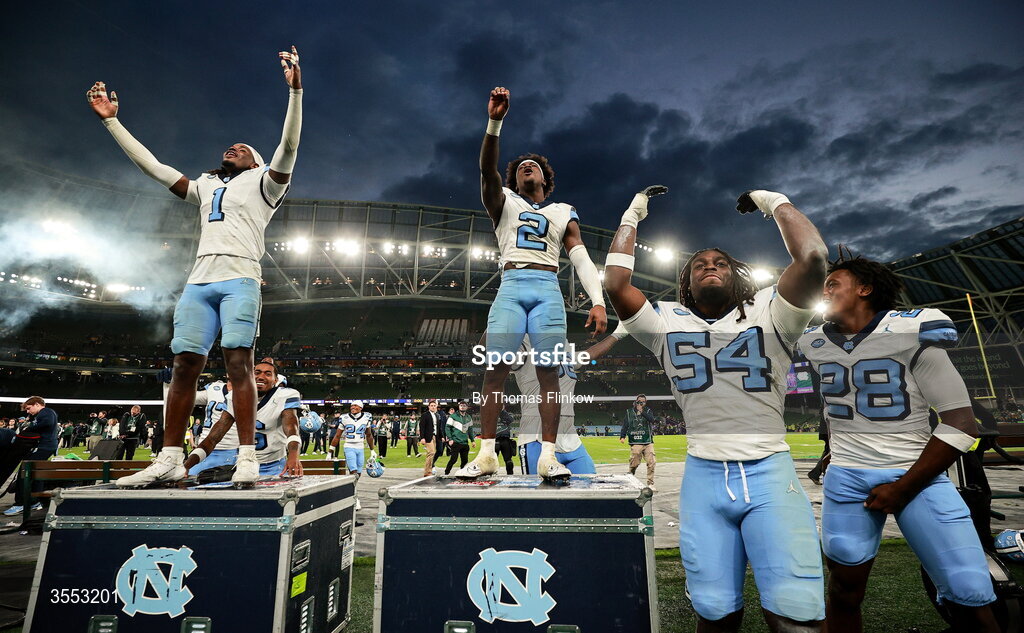 29 August 2026; North Carolina players celebrate after their side's victory in the 2026 Aer Lingus College Football Classic match between TCU and North Carolina at the Aviva Stadium in Dublin. Photo by Thomas Flinkow/Sportsfile
