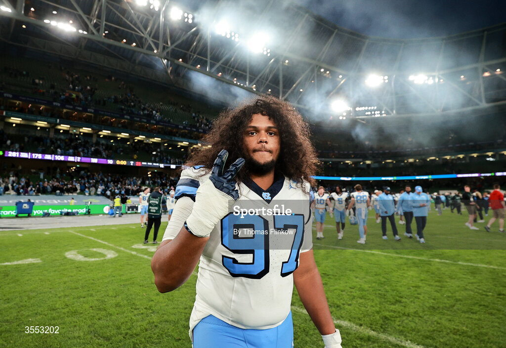 29 August 2026; North Carolina defensive lineman Trey Giddens #97 after his side's victory in the 2026 Aer Lingus College Football Classic match between TCU and North Carolina at the Aviva Stadium in Dublin. Photo by Thomas Flinkow/Sportsfile