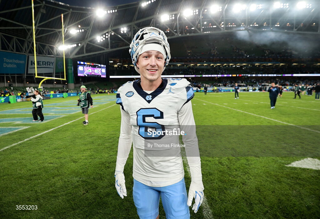 29 August 2026; North Carolina wide receiver Dayton Sneed #6 after his side's victory in the 2026 Aer Lingus College Football Classic match between TCU and North Carolina at the Aviva Stadium in Dublin. Photo by Thomas Flinkow/Sportsfile