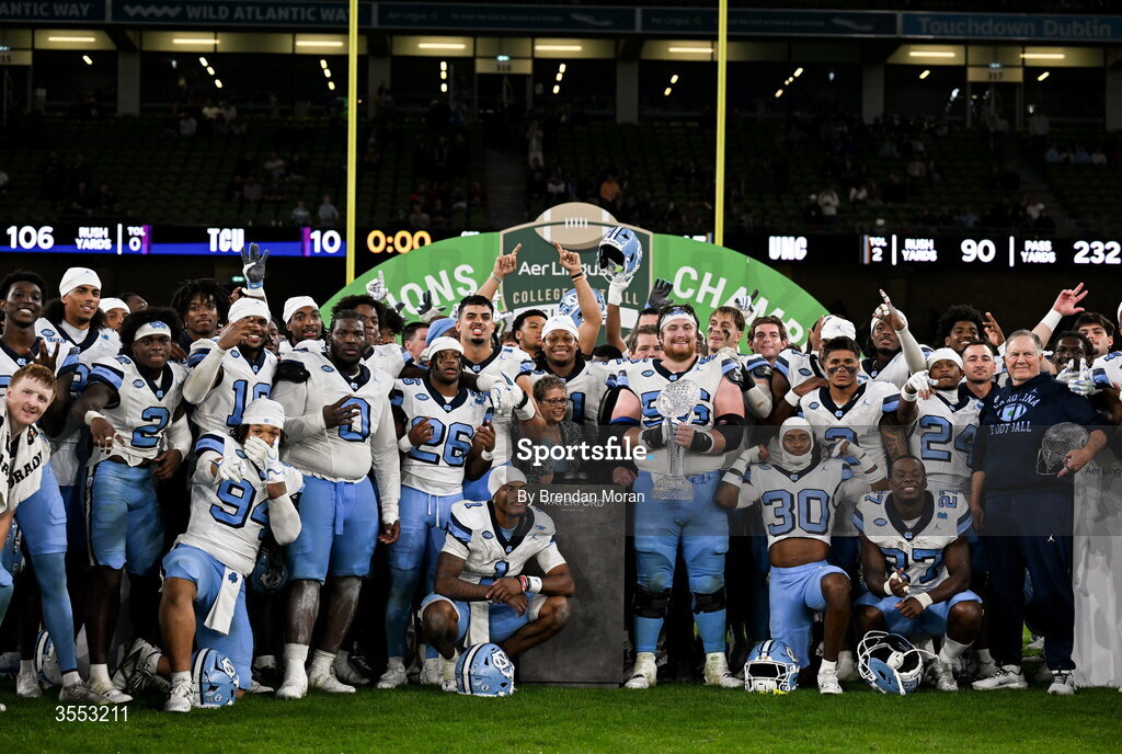 29 August 2026; North Carolina offensive lineman Christo Kelly #56 and teammates celebrate after their side's victory in the 2026 Aer Lingus College Football Classic match between TCU and North Carolina at the Aviva Stadium in Dublin. Photo by Brendan Moran/Sportsfile