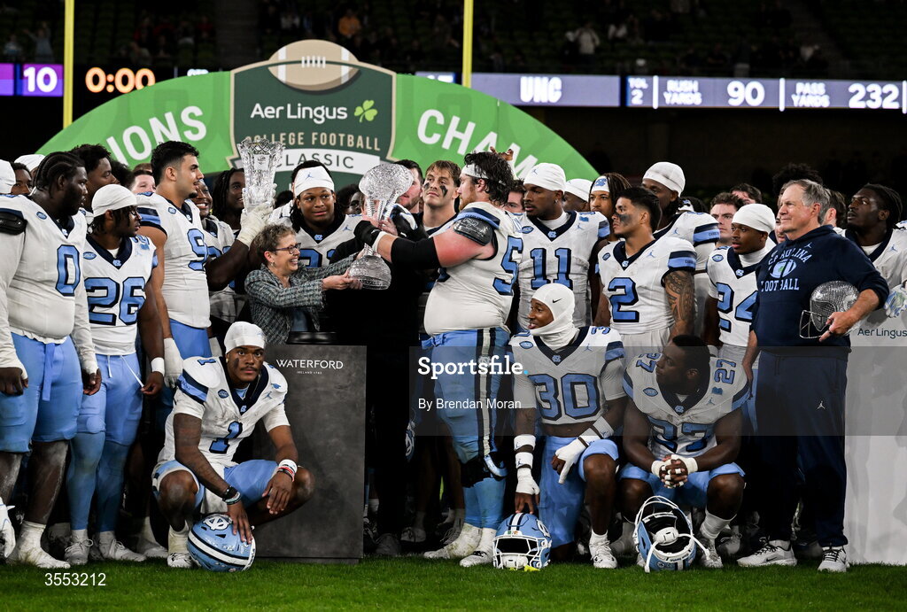 29 August 2026; North Carolina offensive lineman Christo Kelly #56 and teammates celebrate after their side's victory in the 2026 Aer Lingus College Football Classic match between TCU and North Carolina at the Aviva Stadium in Dublin. Photo by Brendan Moran/Sportsfile