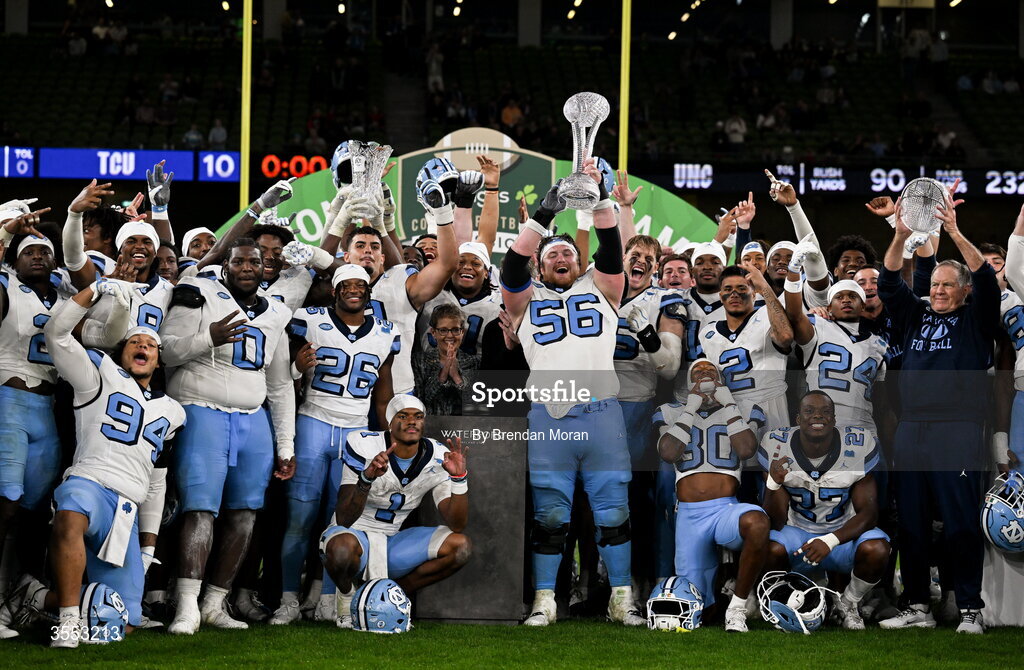29 August 2026; North Carolina offensive lineman Christo Kelly #56 and teammates celebrate after their side's victory in the 2026 Aer Lingus College Football Classic match between TCU and North Carolina at the Aviva Stadium in Dublin. Photo by Brendan Moran/Sportsfile