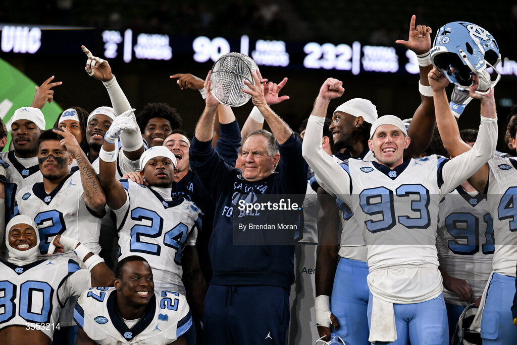 29 August 2026; North Carolina Head Coach Bill Belichick celebrates after his side's victory in the 2026 Aer Lingus College Football Classic match between TCU and North Carolina at the Aviva Stadium in Dublin. Photo by Brendan Moran/Sportsfile