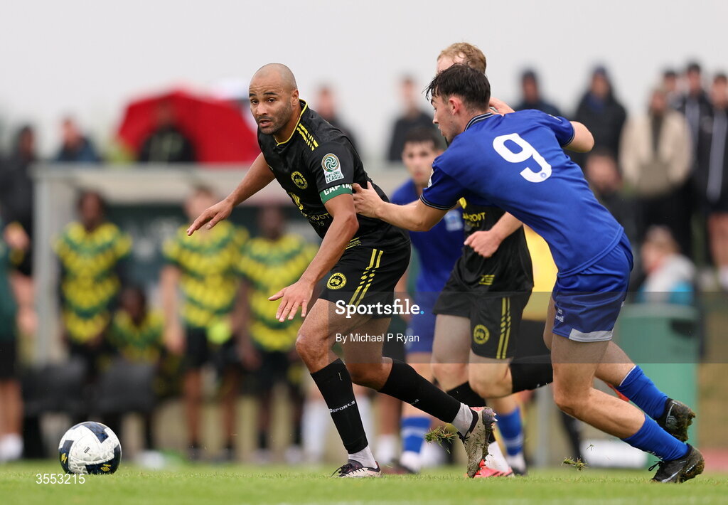 29 August 2026; Ethan Boyle of CK United in action against Darragh Bolton of Newbridge Town during the FAI National League Group 3 match between CK United and Newbridge Town at SETU Sports Complex in Carlow. Photo by Michael P Ryan/Sportsfile