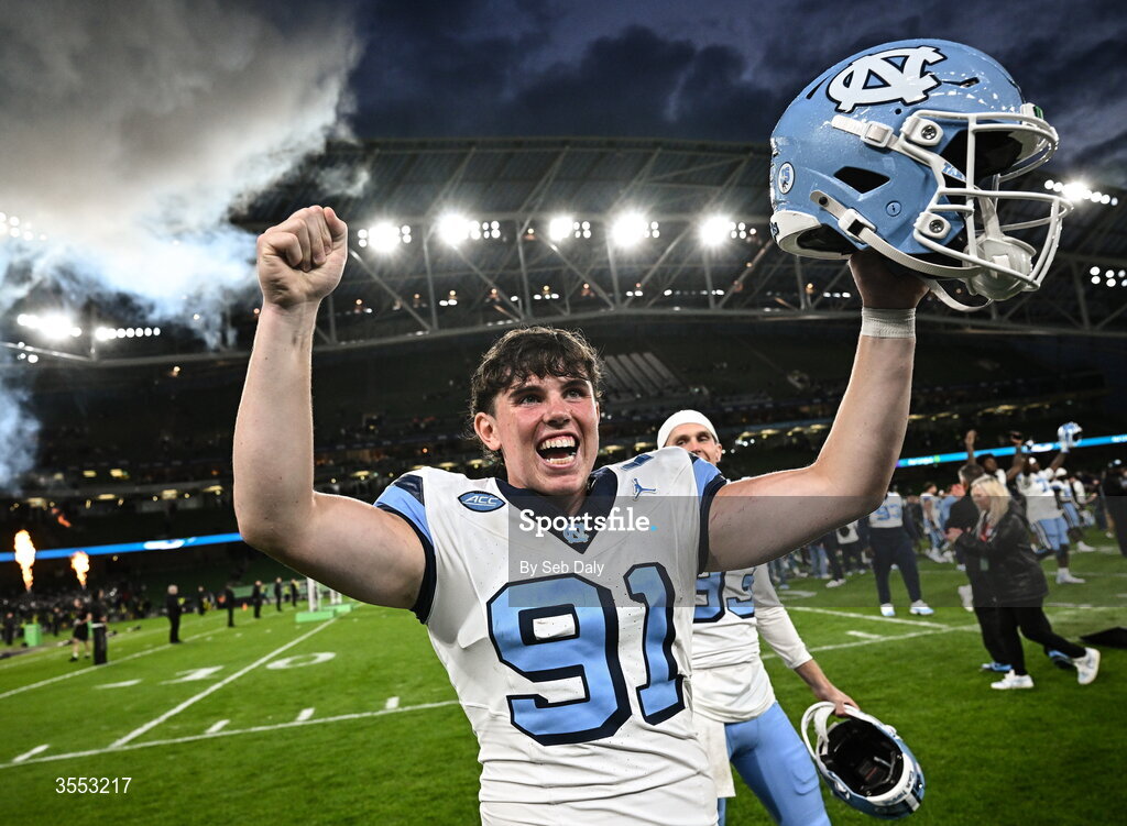 29 August 2026; North Carolina punter Adam McCann-Gibbs #91 celebrates after his side's victory in the 2026 Aer Lingus College Football Classic match between TCU and North Carolina at the Aviva Stadium in Dublin. Photo by Seb Daly/Sportsfile