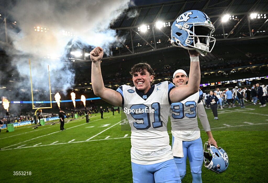 29 August 2026; North Carolina punter Adam McCann-Gibbs #91 celebrates after his side's victory in the 2026 Aer Lingus College Football Classic match between TCU and North Carolina at the Aviva Stadium in Dublin. Photo by Seb Daly/Sportsfile