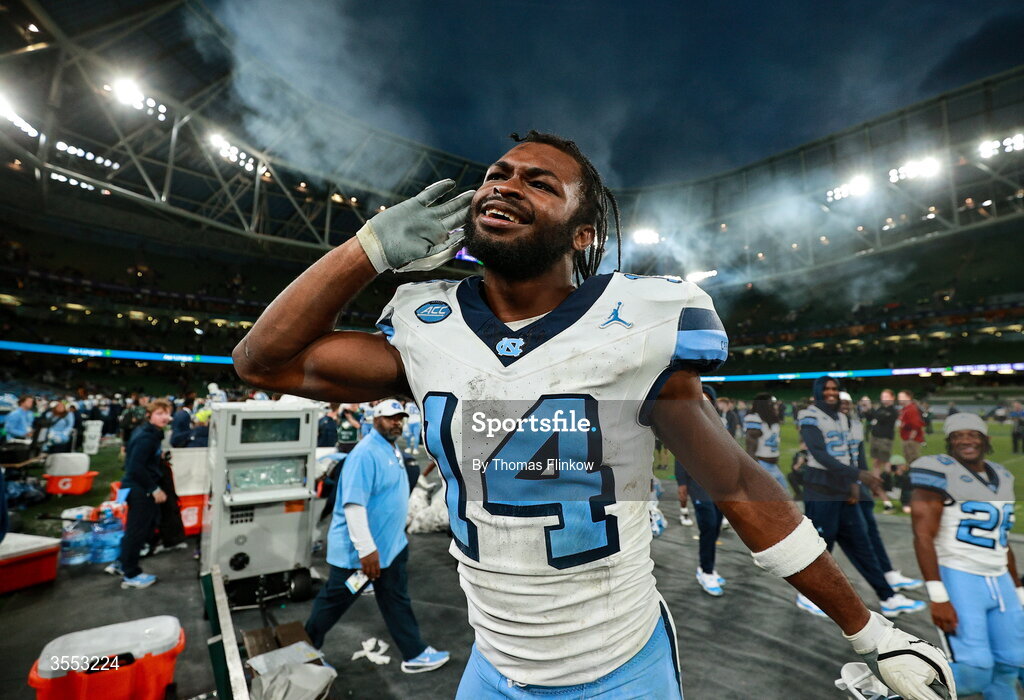 29 August 2026; North Carolina wide receiver CJ Sadler #14 celebrates after his side's victory in the 2026 Aer Lingus College Football Classic match between TCU and North Carolina at the Aviva Stadium in Dublin. Photo by Thomas Flinkow/Sportsfile