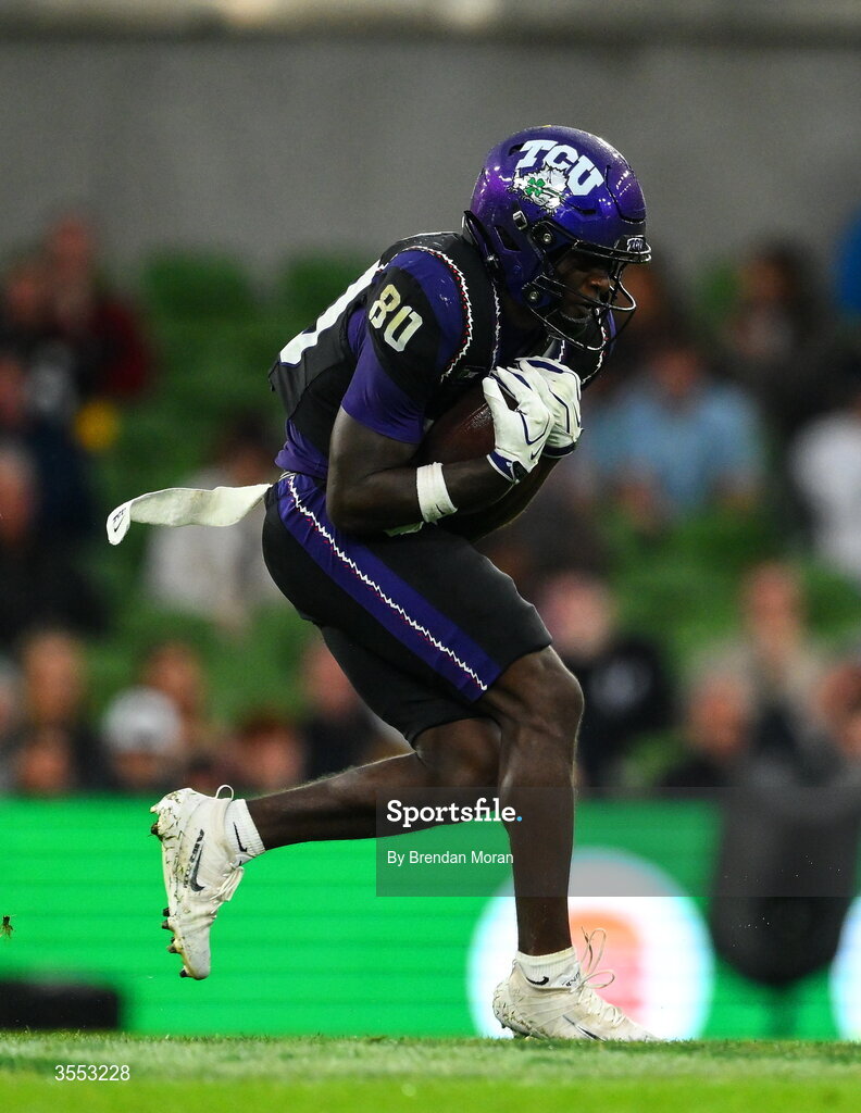 29 August 2026; TCU wide receiver Jacobe Hayes #80 catches a pass during the 2026 Aer Lingus College Football Classic match between TCU and North Carolina at the Aviva Stadium in Dublin. Photo by Brendan Moran/Sportsfile