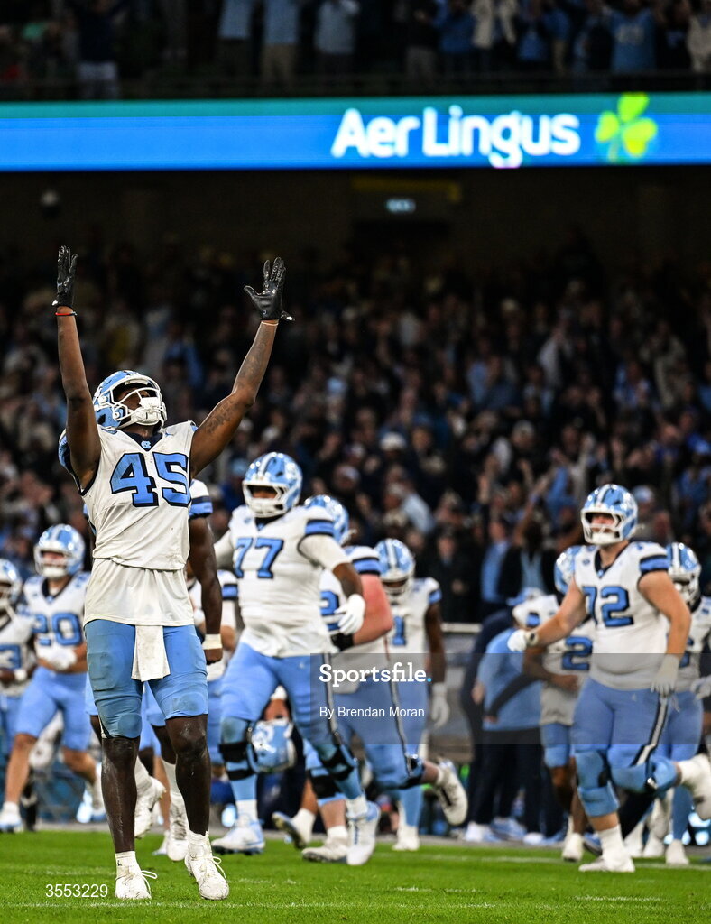 29 August 2026; North Carolina tight end Jelani Thurman #45 celebrates after his side's victory in the 2026 Aer Lingus College Football Classic match between TCU and North Carolina at the Aviva Stadium in Dublin. Photo by Brendan Moran/Sportsfile