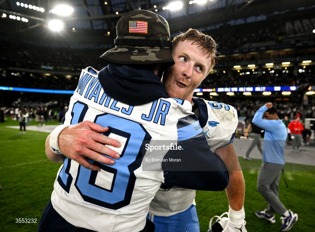 29 August 2026; North Carolina quarterback Billy Edwards Jr #9 celebrates with North Carolina quarterback Andres Miyares Jr #18 after his side's victory in the 2026 Aer Lingus College Football Classic match between TCU and North Carolina at the Aviva Stadium in Dublin. Photo by Brendan Moran/Sportsfile