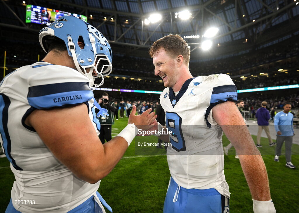 29 August 2026; North Carolina quarterback Billy Edwards Jr #9 celebrates after his side's victory in the 2026 Aer Lingus College Football Classic match between TCU and North Carolina at the Aviva Stadium in Dublin. Photo by Brendan Moran/Sportsfile