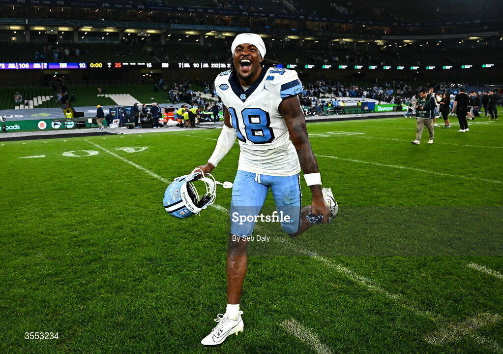 29 August 2026; North Carolina defensive back Jaiden Patterson #18 celebrates after his side's victory in the 2026 Aer Lingus College Football Classic match between TCU and North Carolina at the Aviva Stadium in Dublin. Photo by Seb Daly/Sportsfile