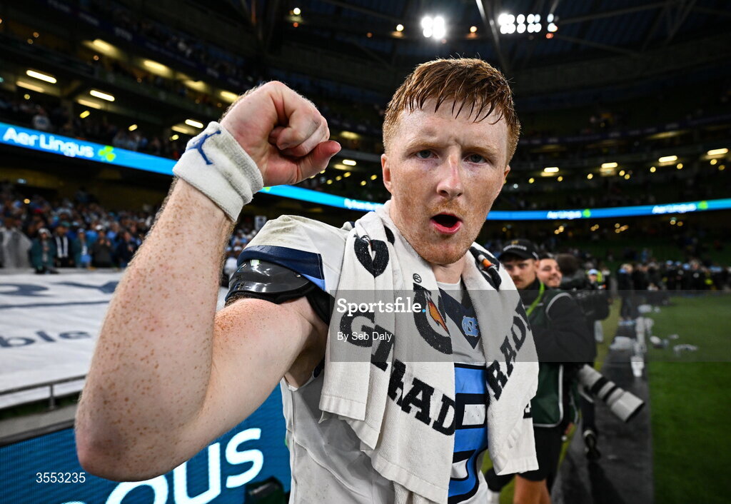 29 August 2026; North Carolina quarterback Billy Edwards Jr #9 after his side's victory in the 2026 Aer Lingus College Football Classic match between TCU and North Carolina at the Aviva Stadium in Dublin. Photo by Seb Daly/Sportsfile