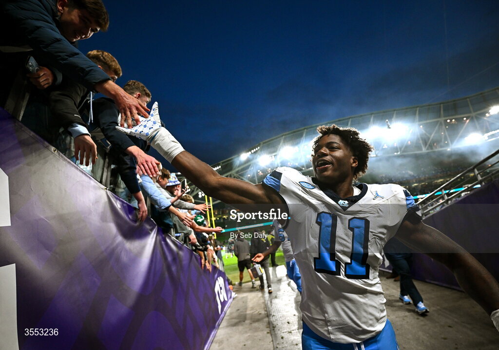 29 August 2026; North Carolina defensive lineman Jaylen Harvey #11 after the 2026 Aer Lingus College Football Classic match between TCU and North Carolina at the Aviva Stadium in Dublin. Photo by Seb Daly/Sportsfile