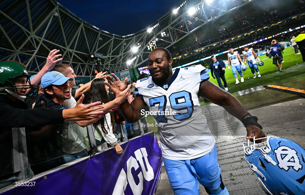 29 August 2026; North Carolina offensive lineman Anthony Hall #79 after the 2026 Aer Lingus College Football Classic match between TCU and North Carolina at the Aviva Stadium in Dublin. Photo by Seb Daly/Sportsfile