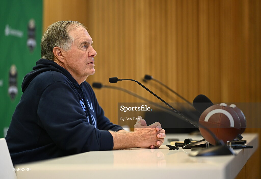 29 August 2026; North Carolina Head Coach Bill Belichick speaks in the press conference after the 2026 Aer Lingus College Football Classic match between TCU and North Carolina at the Aviva Stadium in Dublin. Photo by Seb Daly/Sportsfile